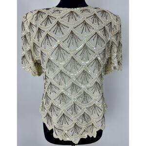 Laurence Kazar XL 100% Silk Beaded Art Deco Mermaid Scalloped Cream White